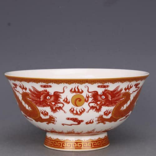 WEKIVA Ceramic Bowl,Soup Bowl,Chinese Ancient Palace Style Porcelain Rice Bowl,Porridge Bowl,Soup Bowl15.6cm Chinese Famille Rose Porcelain Dragon Play Sphere Pattern Bowl