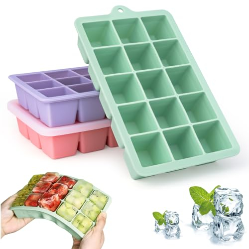 sacemontic Vassoio per Cubetti di Ghiaccio Impilabile con Coperchio, Set di 3 Grandi Vassoi per Cubetti di Ghiaccio in Silicone Senza BPA, Impilabile per Bevande Fredde, Whisky, Cocktail, Cibo