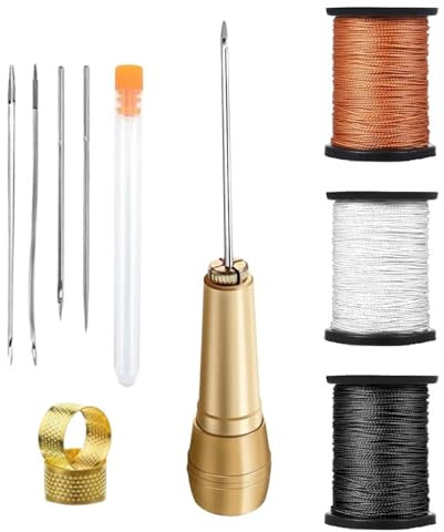 Kit de punzón para coser a mano, herramienta de punzón para coser de cuero - Herramienta de reparación de zapatos de cuero - Agujas de punzón para coser cuero y lona con mango de cobre, hilo
