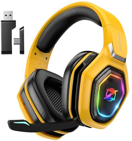 Ozeino Casque Gaming sans Fil pour PC PS5 PS4, 2.4GHz Audio sans Perte, USB & Type-C Casque de Jeu Ultra Stable avec Batterie 40 Heures pour Switch Laptop Mobile Mac(Jaune)