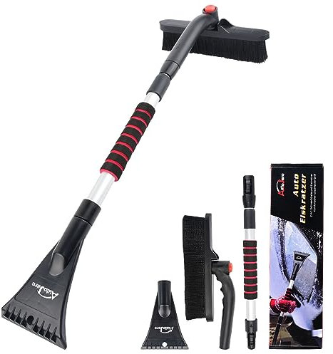 AUTOJARE Eiskratzer Auto mit Besen 2 in 1 Schneebürste 360 Grad Bürstenkopf Erweiterbar Abnehmbarer Eisschabe für Auto LKW SUV(Rot)