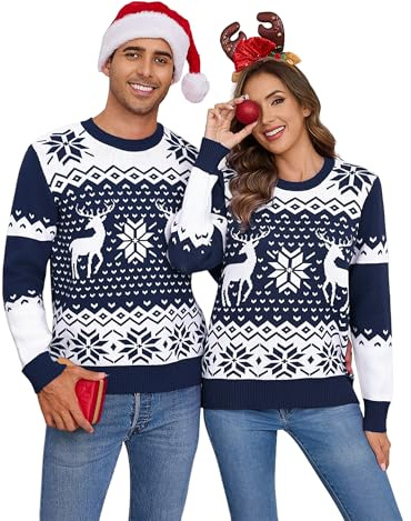 Demegimi Jultröjor Jultröja Långärmad T-shirt Herr Jultröja Rosett Snö Älg Rund Hals Herr Långärmad Tröja Festlig Jul, Marinblå, XXL