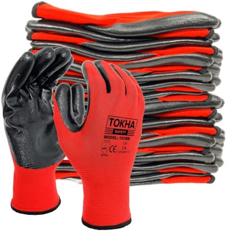 48 Pairs Nitrile Coated Gloves Red Black Nylon Safety Work Glove Use for Workshop Construction Builders Gardening Grip (Red-Black, Large [9])