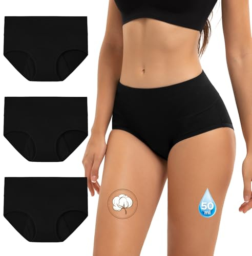 INNERSY Period Pants Heavy Flow High Waisted Postpartum Underwear Pack of 3 | Soft Cotton Leak Proof Knickers, Reusable Menstrual Briefs, Washable Incontinence Panties, C Section After Birth, Day & Night