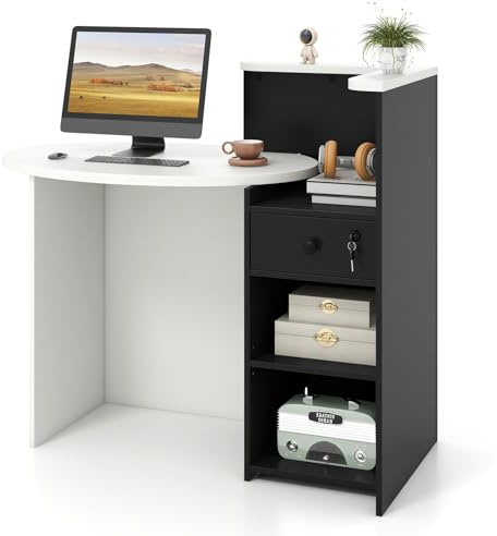 COSTWAY Reception Desk, Front Counter Desk with Lockable Drawer and Adjustable Shelf, Corner Cashier Retail Checkout Table Computer Desk for Beauty Salon Lobby (White+Black, Left Tabletop)