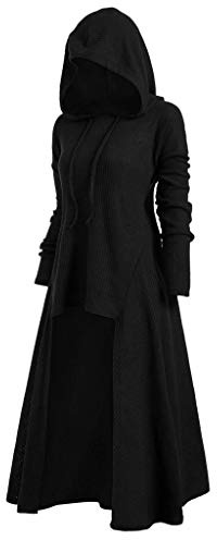 LOIJMK Damtröja, lång stickning: huvtröja, asymmetrisk fåll, tröjor, tröja, lös, långärmad, medeltida kläder med huva, poncho, huvtröja, gotisk klänning, stickad klänning, L-3XL, svart, XXL