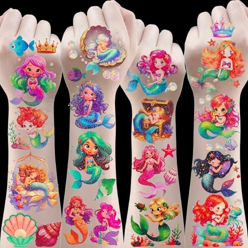 100+ Pièces Glitter Tatuaggi per Bambini Sirena, Tatuaggi Temporanei Trasferelli per Bambini Tatuaggi Finti Pignatta Compleanno Bambina Stickers Bambin-i Attacca Stacca Regalo Bambina 3 4 5-12 Anni