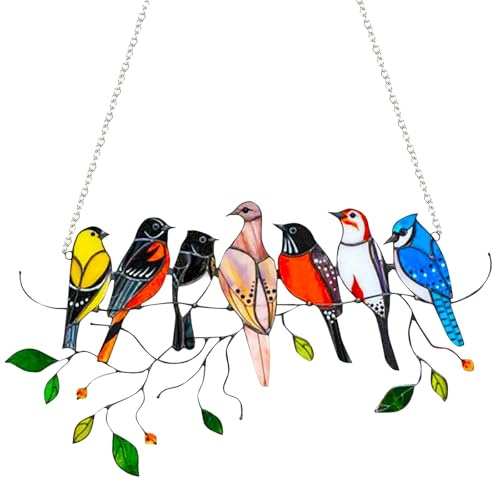 Birds on a Wire Suncatcher, 7 Birds, Stained Glass Effect, Multicolour | Seven-bird stained glass effect suncatcher in multicolour acrylic with hanging chain, 20 × 7 cm, for window and garden decor.