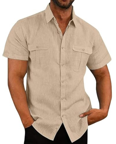 Chemise en Lin Homme Manches Courtes Été Coton Chemises Henley Shirt de Couleur Unie Leger Respirant Casual de Plage Chemise en Lin Marron Foncé avec Manches Courtes Col Mao Hommes Respirant Haut Top