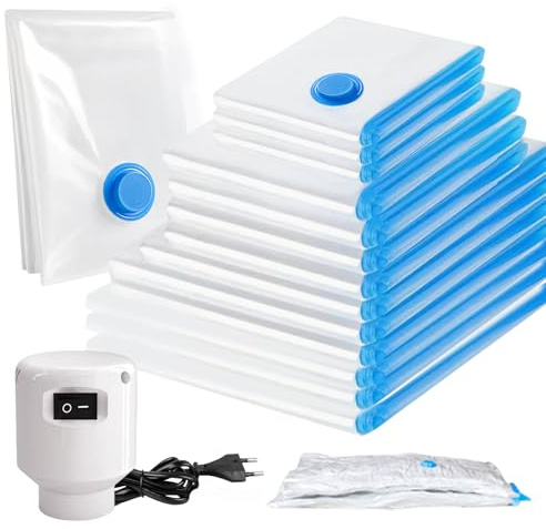 Sac Sous Vide Vetement Aspirateur, avec Pompe électrique, 11 Pièces Sac de Rangement Sous Vide, Sac Rangement Sous Vide Aspirateur pour Couettes Vêtements Literie Voyage Déménagement, 2XL 3L 3M 3S