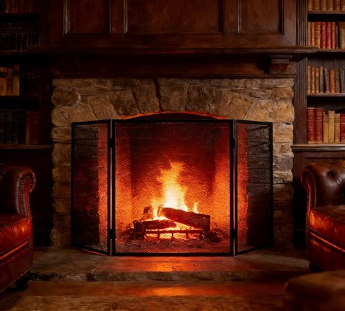 Kingson Extra Wide Arched 3-Panel Fire Screen – Black Wrought Iron Spark Guard for Fireplace – Foldable Mesh Fire Guard – 102 x 54 cm – Heat-Resistant, Child & Pet Safe