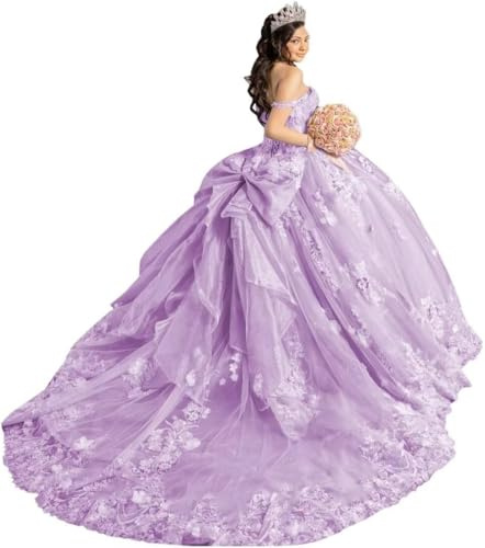 Yifanier Spaghetti Strap Quinceanera Dresses with Bow Sparkly Tulle Prom Gowns 3D Flower Quinceanera Dresses MT040 Lilac