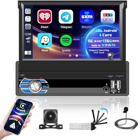 Hikity 6G+128G Android 15 Radio Coche 1 DIN 7 CarPlay BT WiFi | DSP. Pantalla Retráctil. Android Auto Inalámbrico. GPS. FM/RDS. Dual USB. SWC. Cámara+MIC