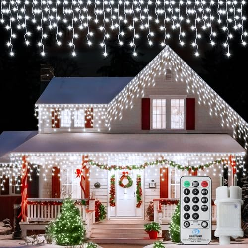 14M Eisregen Lichterkette Außen mit Timer Fernbedienung für Haus (Weiß) | 360 LED Lichterkette Weihnachten Eisregen mit 8 Modi, Weihnachtslichterkette Wasserdicht für Veranden Balkon