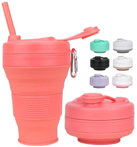MOMAHUA Gobelet Pliable Silicone 600ml,Couvercle Étanche, Poignée Anti-Brûlure&Mousqueton - Plie à 7cm,Lavable Lave-Vaisselle - Randonnée,Camping,Sport(Orange)