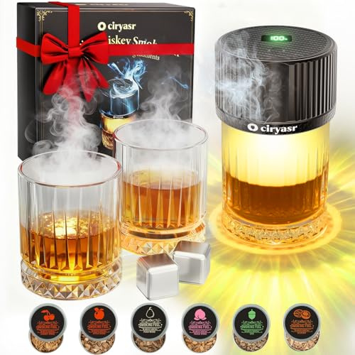 Whiskey Smoker Kit, CIRYASR Cocktail Räucherset Elektrisch ohne Butan mit 6 Flavors Holzspänen, 2 Whisky Steine, RGB Licht, Whiskey Geschenk für Männer Vater Ehemann (mit 2 Gläser)