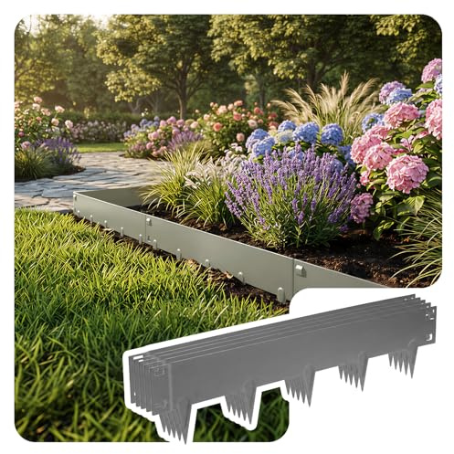 VOUNOT® Rasenkante verzinkt Metall 5m, Robuste Beeteinfassung Beetumrandung Mähkante 106×18 cm, 1,5 mm dick, Steckzaun für Blumenbeete & Garten, 5 Stück, Grau