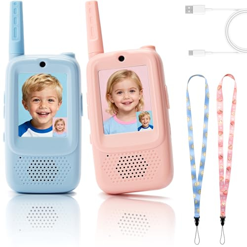 Walkie-Talkie per Bambini con Videochiamata, 2 Pezzi – Senza Wi-Fi, Ricaricabile – per Giochi Interno/Esterno e Campeggio – Regalo per Bambini 3-12 Anni (Blu/Rosa)