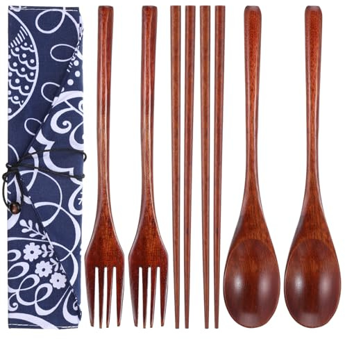 DOPENSPI 7PCS Wooden Tableware, Nanmu Japanese Style Cutlery Set with Pouch | Wooden Utensils for Eating Reusable Wood Utensil Set Sushi Tableware for Daily Use Home Travel Camping