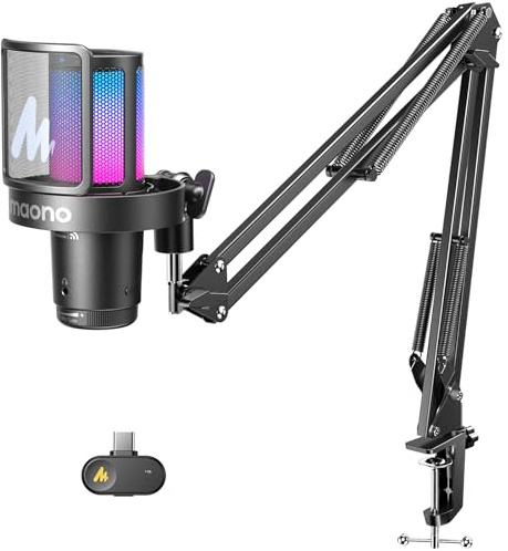 MAONO DGM20W Wireless Gaming Microphone for PC, Condenser USB Mic with Boom Arm for Streaming, Touch Noise Cancellation, Quick Mute,Gain Control,RGB, Computer Condenser Mic for PS5 Twitch Discord