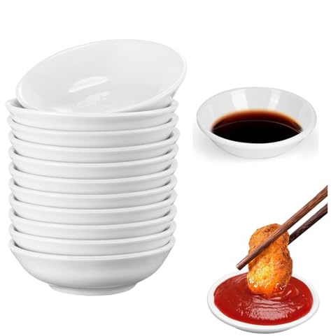 Yuannee Round Soy Sauce Dish,12Pcs Plastic Spice Bowls Dipping Sauce Dishes | 7.2X 2cm Dip Bowls for Sushi Small White Side Dish Reusable Mini Bowls Soy Sauce Dish for Ketchup BBQ Sauce or Seasoning