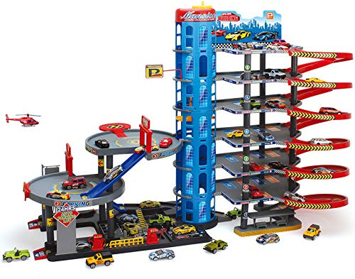PARKTOWER Set de juego de aparcamiento para niños a partir de 3 años – Garaje de coches con 9 niveles, ascensor, gasolinera y helipuerto, incluye coches de juguete