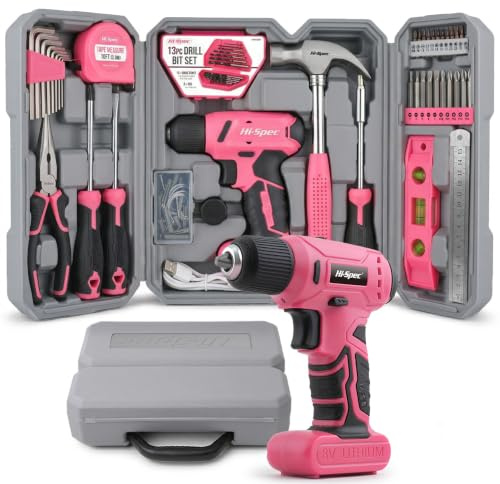 Hi-Spec 8V Cordless Drill Driver & Household Tool Kit for Repairs, Pink | 57pc, everyday DIY assembly, maintenance and measuring, 8Nm torque, 1500mAh battery, USB rechargeable, portable case storage