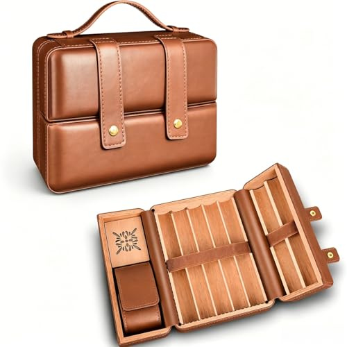 Racocou Lädervattentät 18-cigarett Humidor Resefodral – Extern Hygrometer Cederfodring – Present till Mäns Födelsedag Cigarettillbehör för Pappa Man,Brown
