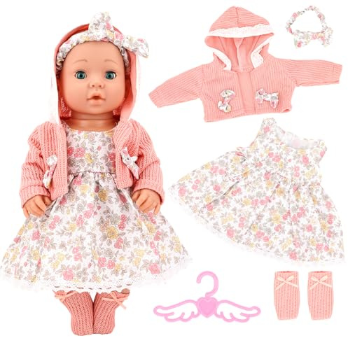 Miunana Ropas + 4 Accesorios para Baby Doll Muñecas 35 A 43 CM 14''-18'' | Vestido Floral + Chaqueta + Diadema + Calcetines + Colgadores Para New Born Baby Doll (Sin Muñeca)
