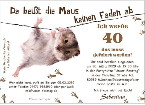 Lustige Einladungskarte Maus am Faden Geburtstagseinladung für Erwachsene | lustig witzig - mit Wunschtext - 10 Karten