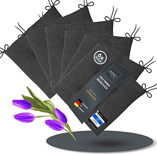 LILENO HOME 6er Set Stuhlkissen Anthrazit (40x40x4,5 cm) - Sitzkissen für Gartenstuhl, Küche oder Esszimmerstuhl - Bequeme UV-beständige Indoor u. Outdoor Stuhlauflage als Stuhl Kissen