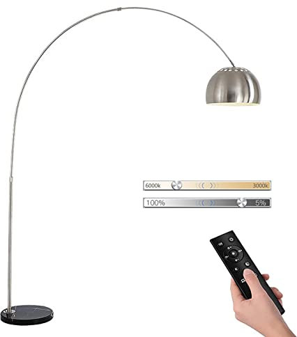 HKLY Lámpara De Pie De Arco Moderna, Lámpara De Pie LED Regulable Control Remoto 12 W Lámpara De Lectura Base De Mármol Negro Luz De Piso Metal Ajustable Para Sala De Estar Dormitorio Oficina, E27