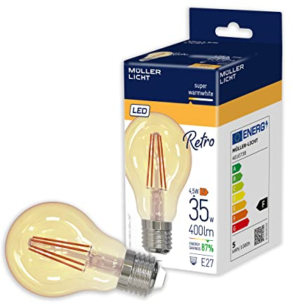 Müller-Licht Retro LED A60 Birnenform Filament E27 gold, 4.5W ersetzt 35W, nostalgisches superwarmweißes Licht (2000K) für ein gemütliches Ambiente, nicht dimmbar