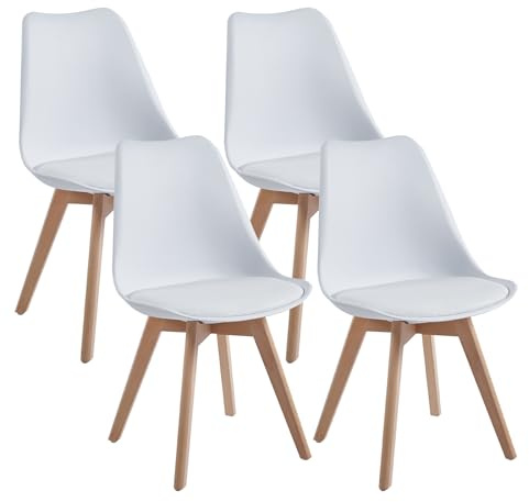DEWINNER Sillas de Comedor escandinavas, Silla de Oficina Retro, Asiento Acolchado de Haya Maciza (Blanco, Juego de 4)