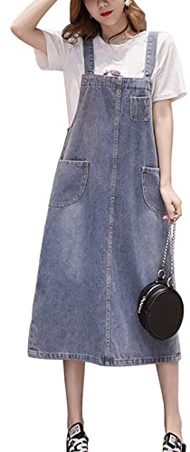 Yishengwan Women's Casual Denim Pinafore Dresses Jeans Dungaree Overall Skirt Midi Dress