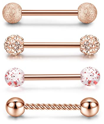 PiercingJak 4PCS Piercing Langue Téton Mamelon 14G Acier Inoxydable Boule Zircon Anneaux de Langue Téton Piercing Barre Droite Barbell Hélix Cartilage Oreille Bijoux de Corps Femme Homme-Rose Or