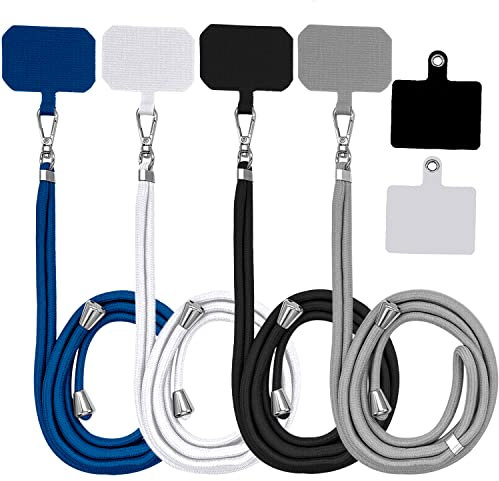 4 Pack Universal Nylon Neck Crossbody Cell Phone Lanyards + 6 Pieces Replacement Sticker Patches Tab, 2 Colors Adjustable Detachable Strap Safety Tether and Pads for Most Smartphone, Black/White