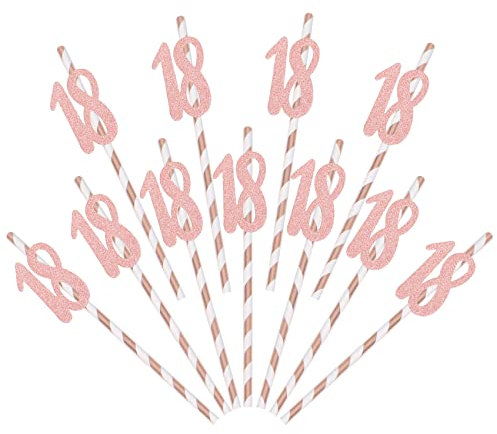 Pack of 24 Birthday Straws, 18th Birthday Straws Rose Gold Paper Straws for Birthday Party, Anniversary Party