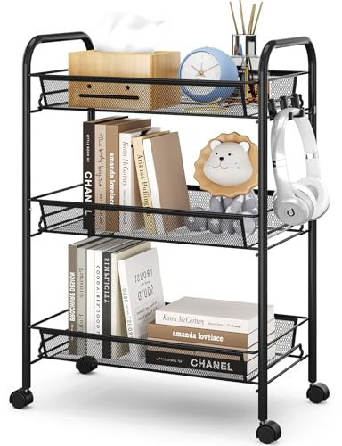 APEXCHASER 3-Tier Rolling Cart,Easy Assemble Mobile Storage Trolley On Wheels,Slide Out Utility Cart Shelving Units Kitchen Bathroom Laundry Room,Black