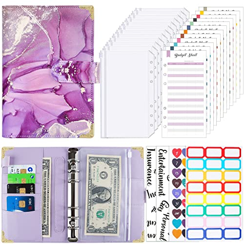 Budget Planner A6 Budget Binder, PU Leder Binder Geld Sparen Wallet, Geldorganisation Ordner mit 12 Geldumschläge für Budgetierung,12 Budgetbogen und 4 Etiketten,Marmor Violett