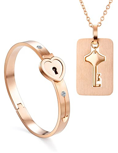 2 piezas Brazalete con cadena colgante de cerradura,juego de llaves pulseras de pulsera con cerradura de corazón de acero inoxidable en oro rosa mujeres hombres collar para parejas amistad BFF regalo