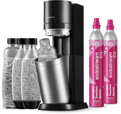SodaStream – Duo Wassersprudler, inklusive 2x60-Liter CO2-Zylinder, 2x 1 Liter Glasflasche, 2x BPA-freie Flasche 1 Liter, spülmaschinengeeignet, umweltfreundlich & weniger Einweg-Plastikmüll, titan