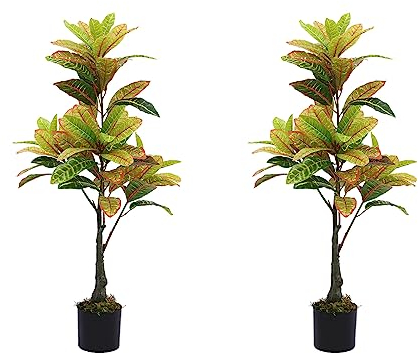 Topotdor Künstliche Croton-Palme, 91 cm, Seidenpflanzen, künstliche Geigenblatt, Feigenbaum, künstliche Bodenpflanze in Kunststofftopf, drinnen und draußen, 2 Stück