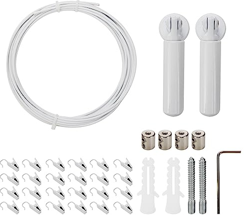 Nicerity White Wall Mount Curtain Wire Rod Set with 24 Metal Clips Multifunctional Stainless Steel Clothesline Picture Hanging Wire for Crafts Curtain Hanging Wall Decor, 16.4ft/5m