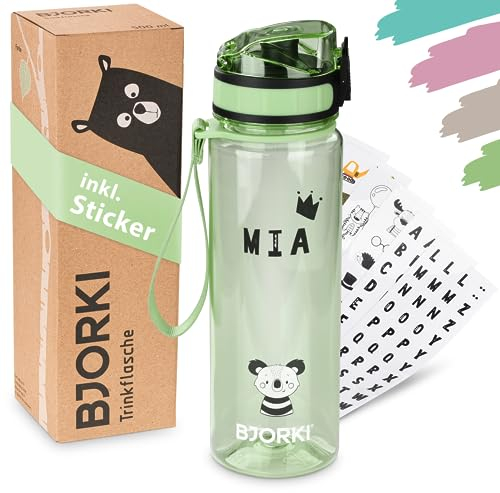 BJORKI® Trinkflasche Kinder auslaufsicher 500ml inkl. BONUS Namenssticker - Ideal für Schule, Kindergarten & Sport - Kohlensäure geeignet - Robuste Wasserflasche für aktive Kids (Pastell Grün)