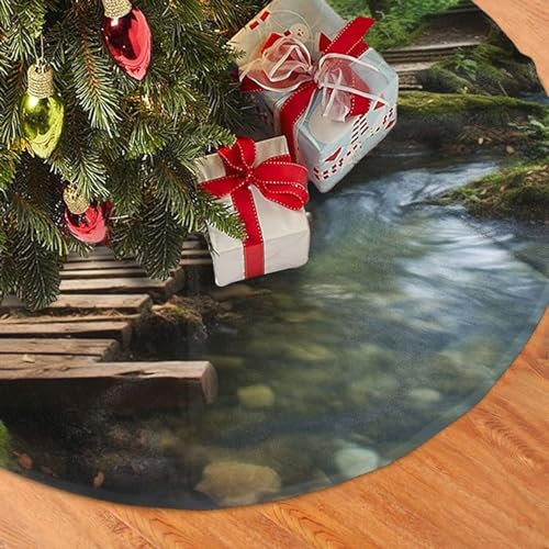121,9 cm Weihnachtsbaumrock Plüsch Weihnachtsbaum Rock Holzbrücke Bach Wasser Weihnachtsbaum Matte für Urlaub Baum Rock Ornamente Weihnachtsbaum Rock Basis Abdeckung für Neujahr Dekorationen