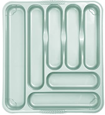 High Grade Plastic 7 COMPARTMENT Large Cutlery Tray Kitchen Drawer Organiser Trays, Compact Plastic Tray for Knives, Forks and Spoons (42.00 x 37.00 x 5.00 cm) - (Silver Sage, Large Cutlery Tray)