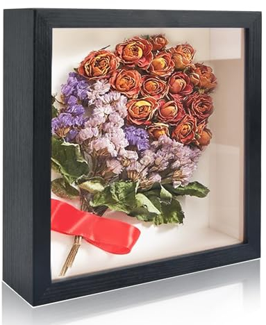 DODUOS 8x8 Inch Shadow Box Frame, Black Deep Box Frames for Crafts 3D Deep, Deep Picture Frames Box Display Ideal for Memorabilia Pictures Flowers Medals Tickets, Tabletop or Wall Mount Carbonized
