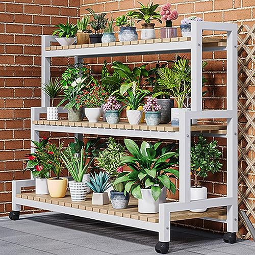 3-stöckiger Metall-Pflanzenständer, Leiterregal, hoch, für Innen- und Außenbereich, Stahl-Holzregale für Terrasse, Garten, Ecke, Balkon, Wohnzimmer, Aufbewahrung, Weiß (100 cm)