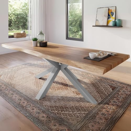 trelevo Esszimmertisch 300x100 cm naturfarben Spider-Gestell Baumkante | Akazienholz massiv, Tischplatte, Silber, Baumkantentisch